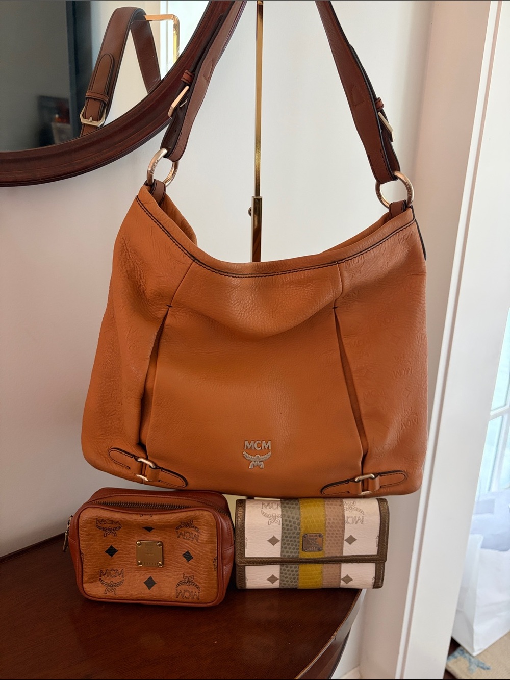MCM Tan/Cognac Leather Shoulder Bag + Wallet + Pouch BUNDLE